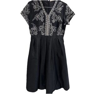 WAYWARD FANCIES Black Embroidered Midi Dress XL16 Pockets dupioni Bohemian Party